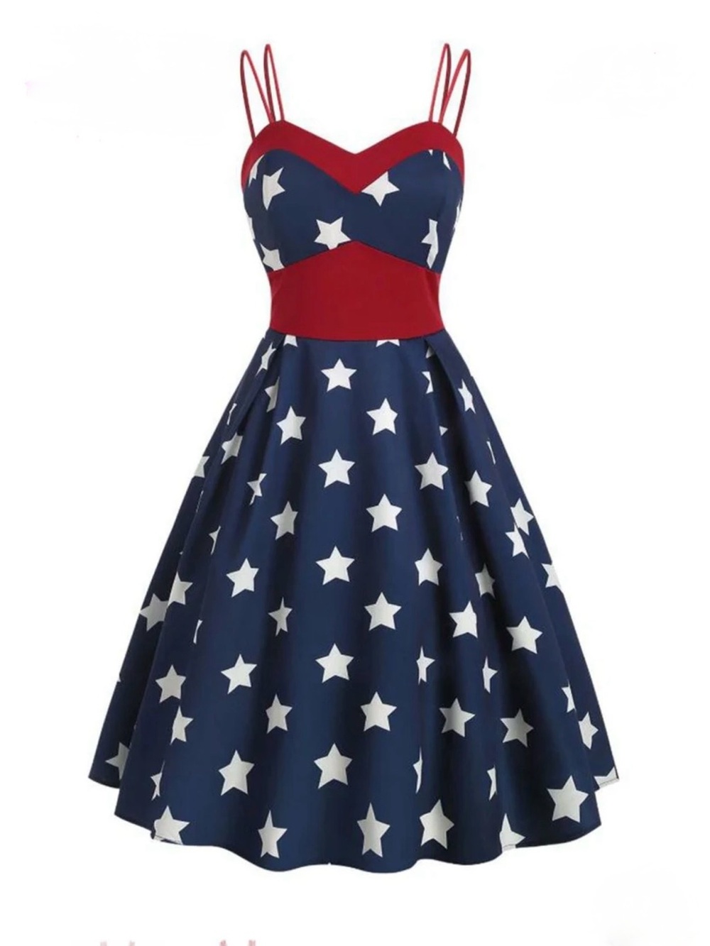 Retro Stage Patriotic Star-Print Navy Midi Dress with Red Accents